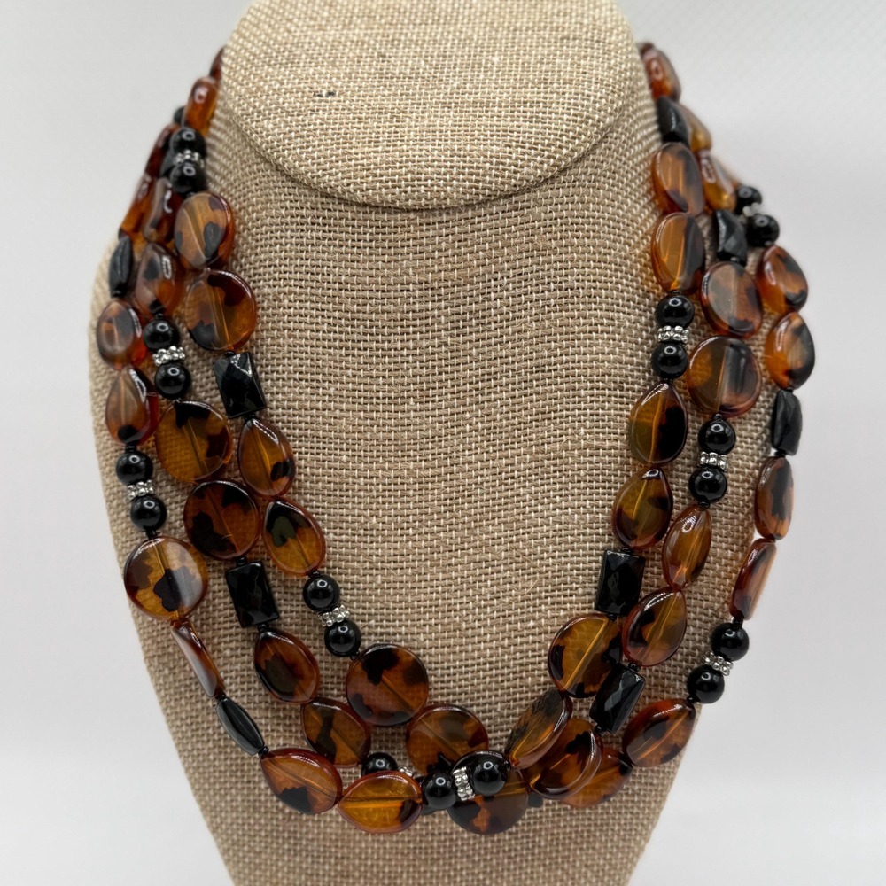 Vintage Acrylic Yellow, Mottled, and Black Chunky Beaded Multi-Strand Necklace